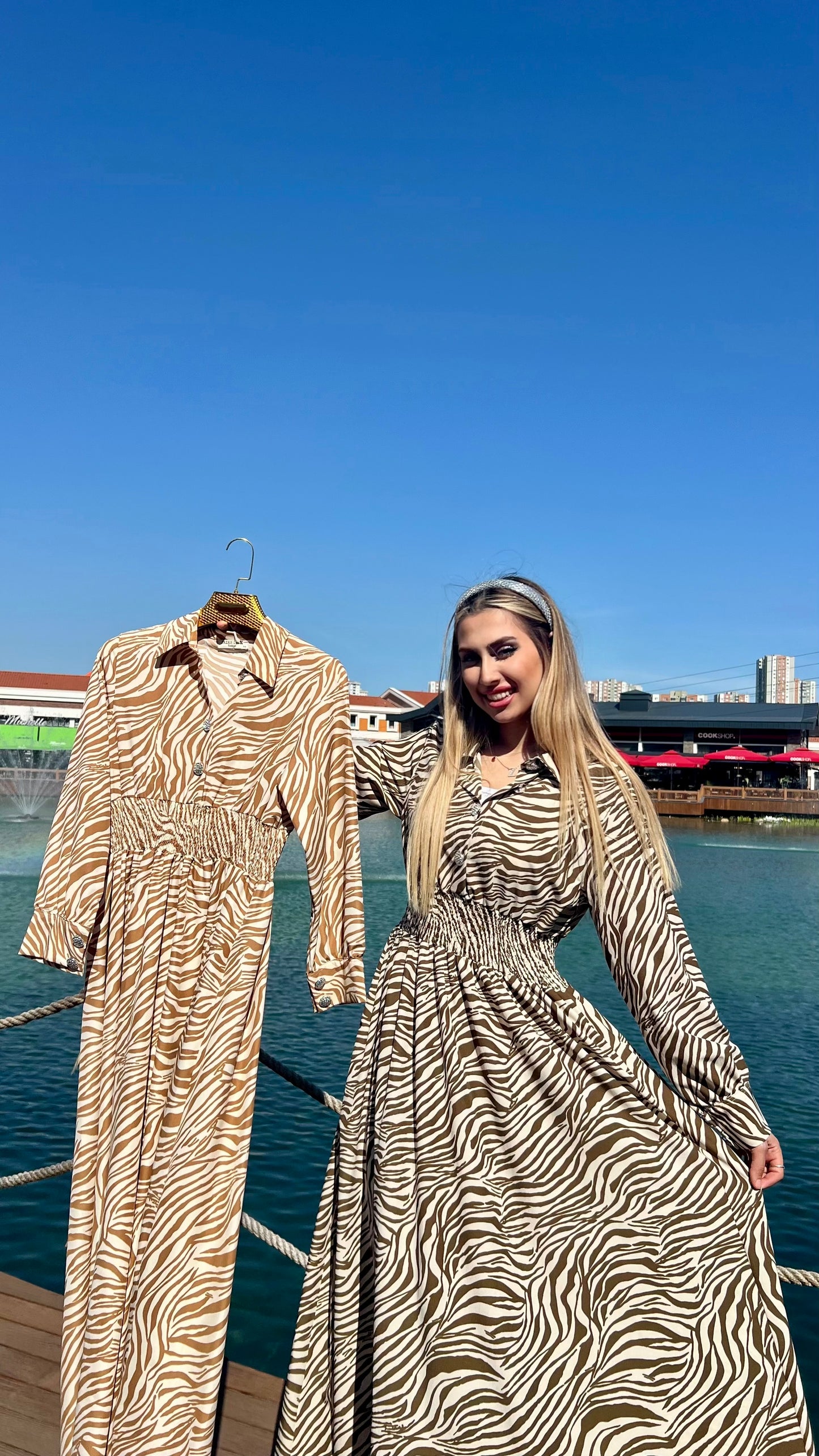 Z&G Zebra Desen Kruvaze Bel Büzgülü Şifon Elbise
