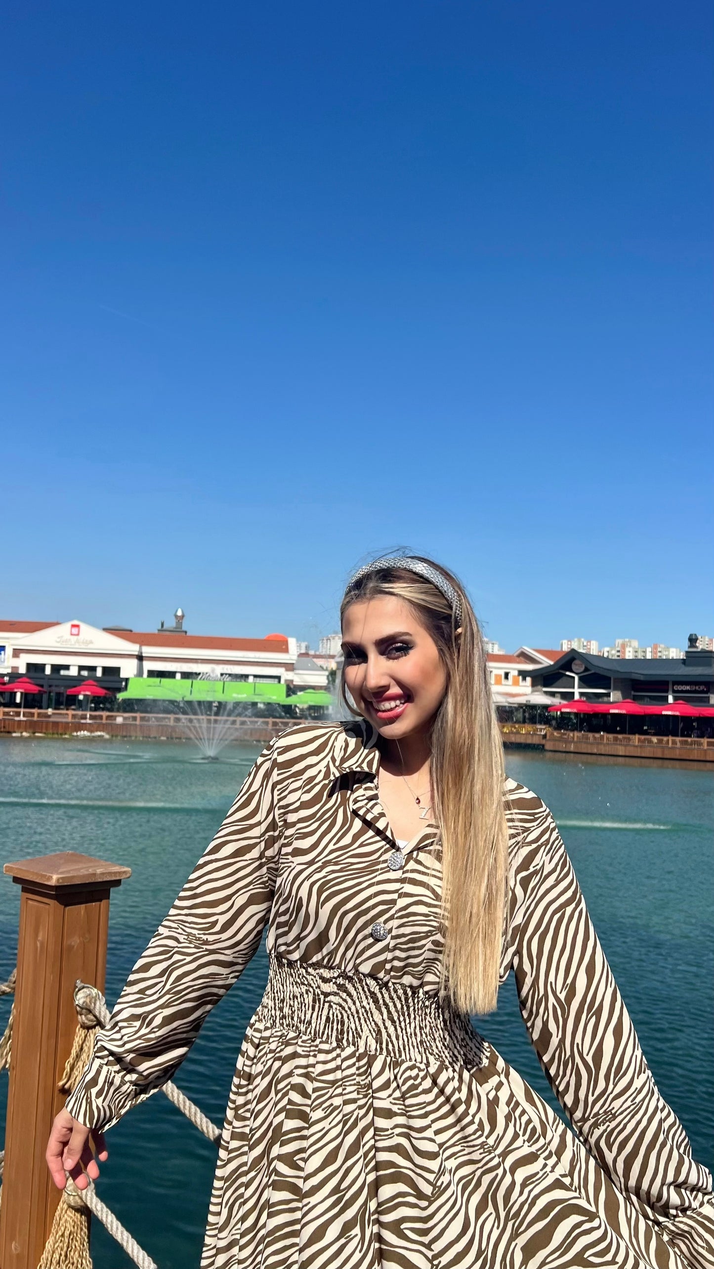 Z&G Zebra Desen Kruvaze Bel Büzgülü Şifon Elbise