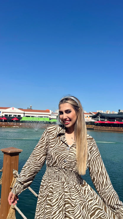 Z&G Zebra Desen Kruvaze Bel Büzgülü Şifon Elbise