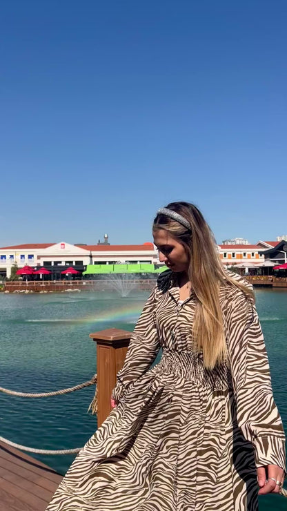 Z&G Zebra Desen Kruvaze Bel Büzgülü Şifon Elbise